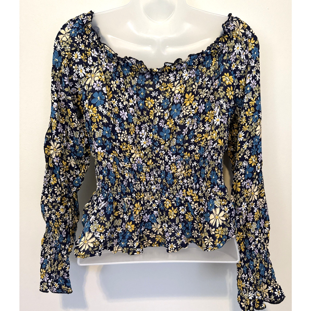 Patrons of Peace Women Medium Blouse Navy Floral Peplum Long Sleeve Peasant NWOT - Picture 5 of 8